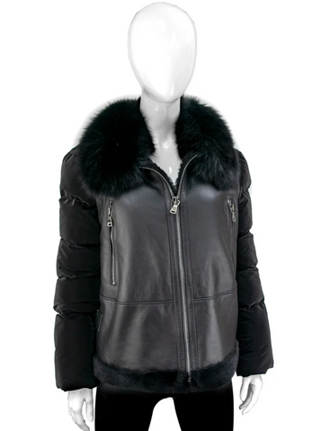 Black Shearling Puffer Jacket Fox Collar [Black-VTTO08]