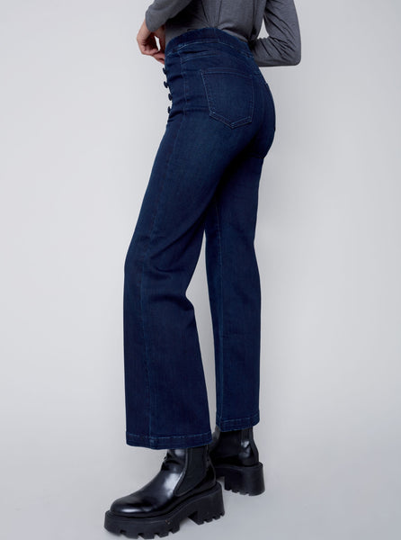 Flare Pull On Pant Side Buttons [Blue Black-C5459]