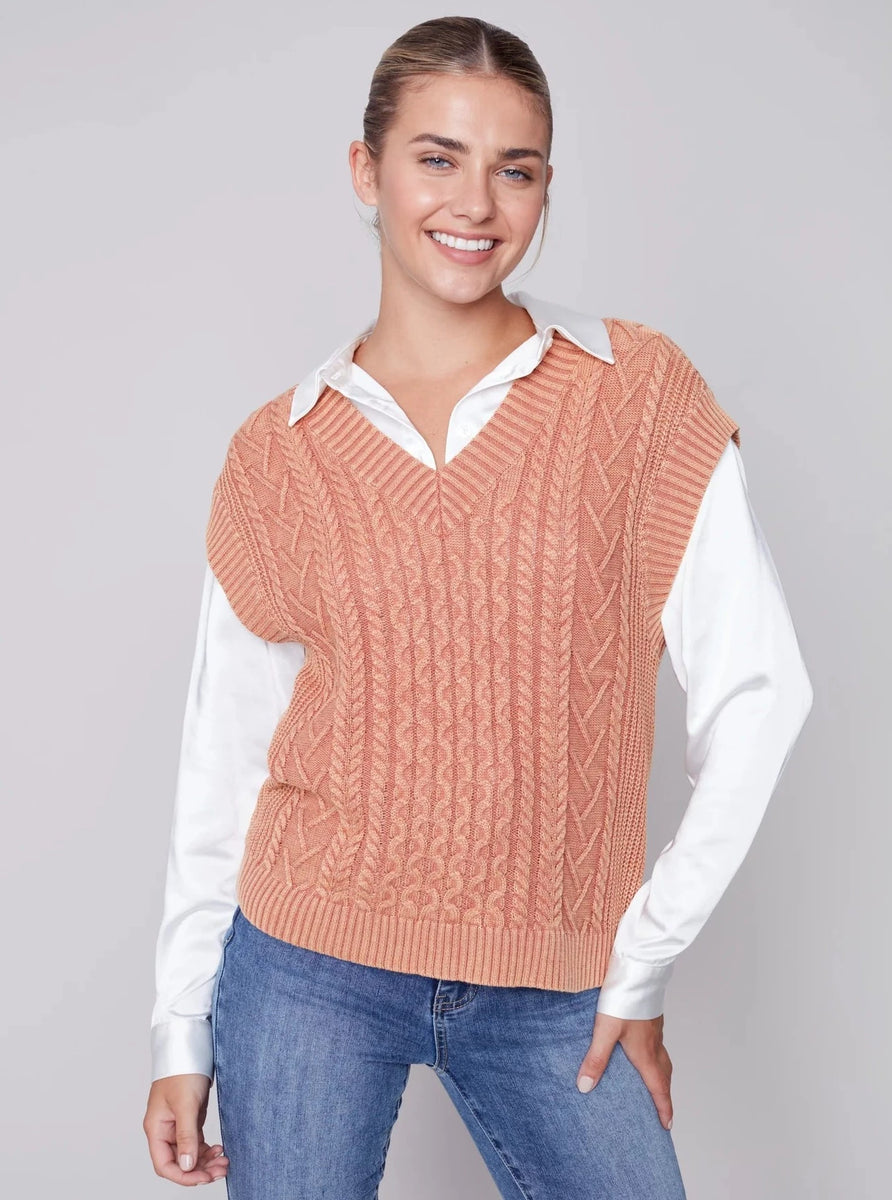 V Neck Cable Knit Sleeveless Vest [Cider-C2527] Ooh La La Boutique MN