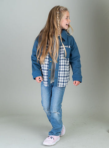 Button Up Plaid Shacket Youth [Blue-IJ15084K]