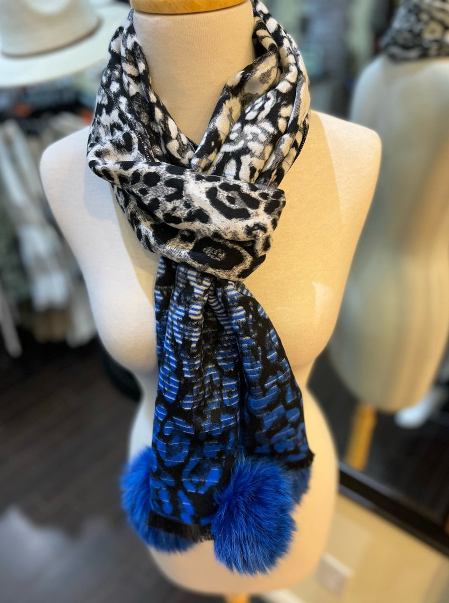 Electric Blue Woven Leopard Print Scarf w/ Pompoms - Labelle Since