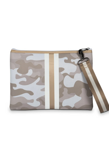 The original Haute Shore Beth Clutch in "Safari" color.  - Taupe Camo Neoprene Bag  - Charcoal and rose gold stripe  - Top zip opening  - Includes 2 wristlet straps: charcoal/rose gold, gunmetal chain  - 10.5in. x 7.5in.
