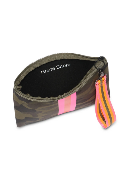 Haute Shore Beth Clutch in Showoff Green Camo Hot pink and Orange stripe