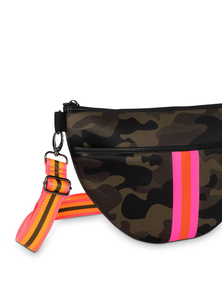 Haute Shore Brett Belt Bag in Showoff Green Camo hot pink and orange stripe