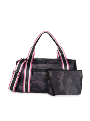 Haute Shore Morgan Weekender Bag in Prime black camo with hot pink white and black straps