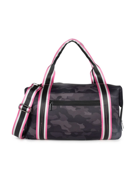 Haute Shore Morgan Weekender Bag in Prime black camo with hot pink white and black straps