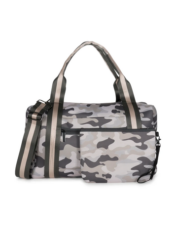 Haute Shore Morgan Weekender Bag in Safari taupe camo with charcoal and rose gold straps