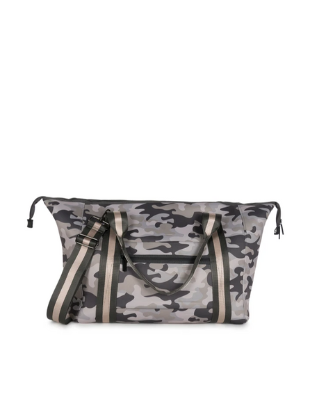 Haute Shore Morgan Weekender Bag in Safari taupe camo with charcoal and rose gold straps