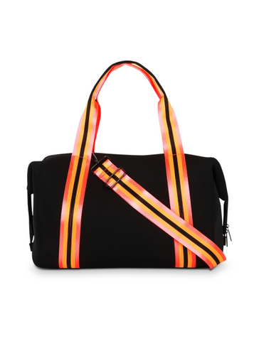 Haute Shore Morgan Weekender Bag in Tour black bag with hot pink, orange and black straps