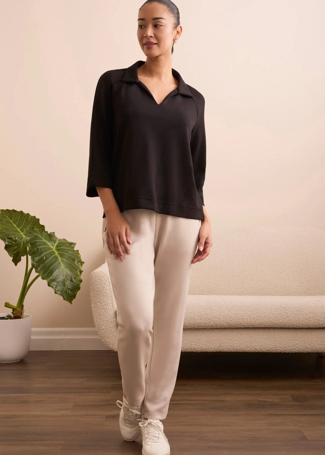 3/4 Sleeve Henley Top [Black-2137O]