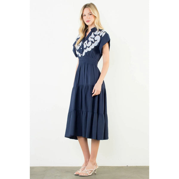 Short Sleeve Embroidery Detail Tiered Midi Dress [Navy-WCT3458]