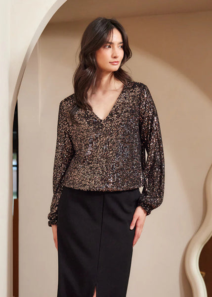 Sequin V-Neck [Brown-3L39501]
