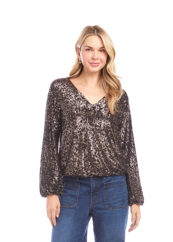 Sequin V-Neck [Brown-3L39501]