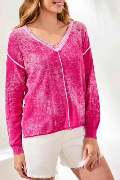 LS V-Neck Sweater W Special Wash Effect [Gardenia-5394O]