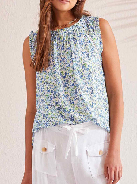 Sleeveless Blouse W Trim Detail [Azure Blue-5399O]