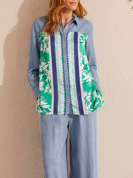 Mixed Media Border Print Shirt [Jade Mist-5459O]