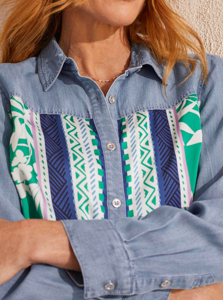 Mixed Media Border Print Shirt [Jade Mist-5459O]