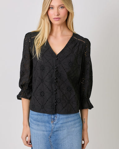 Eyelete Puff Sleeve Top [Black-60944]