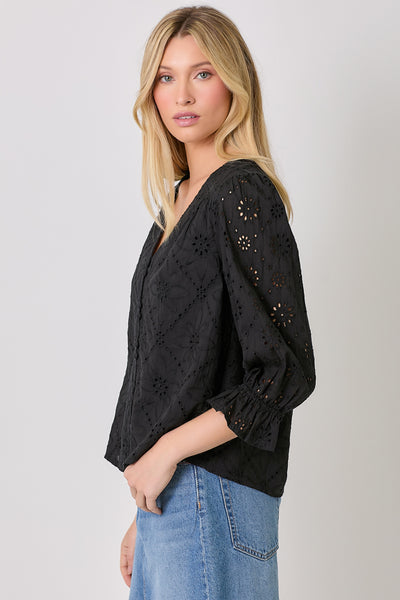 Eyelete Puff Sleeve Top [Black-60944]