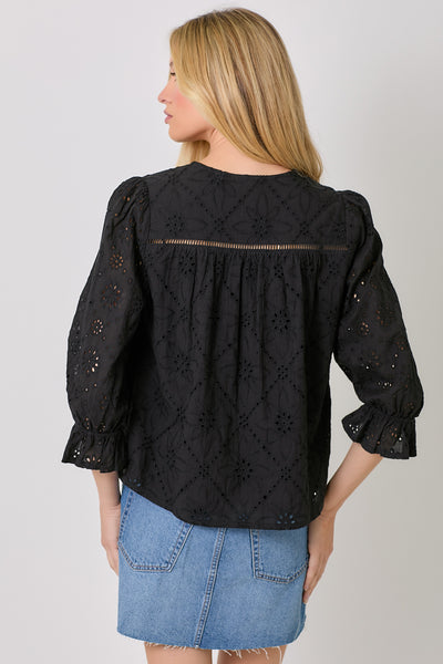 Eyelete Puff Sleeve Top [Black-60944]