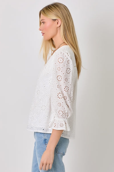 Eyelete Puff Sleeve Top [Off White-60944]