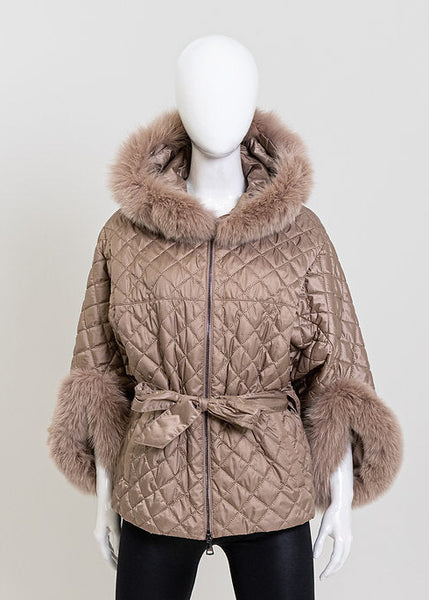 Taupe Diamond Quilted Jacket [With Waist Tie Fox Fur [JKMK78-TAPE-WFOX-TAUF-M_L]