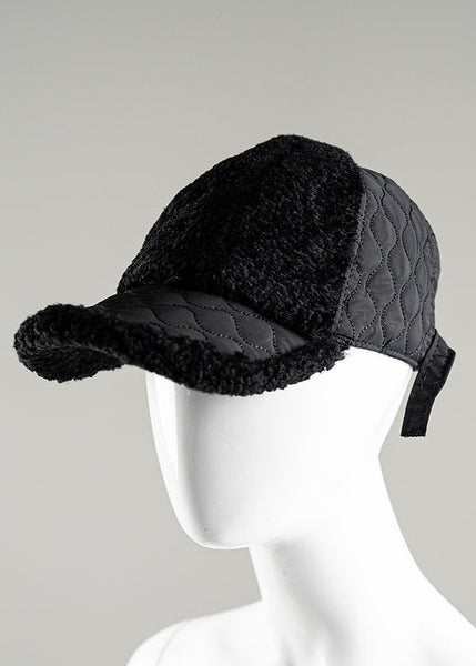 Black Nylon Quilted Baseball Cap With Lamb Trim [htmk25-blck-lamb-none-osz]