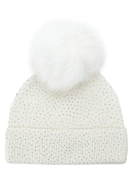 White knit beanie with a fluffy white pom-pom on a white background