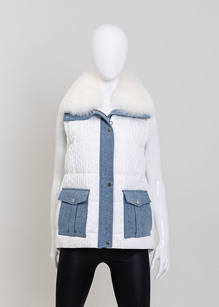 White Puffer Jacket Removable Sleeves And Fox Collar [JKYM04-WHIT-WFOX-WHTF]