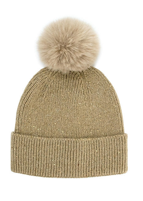 Knit Hat With Sequin Sparkles With Fox Fur Pom [Gold-HTCY06]