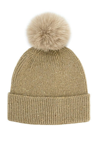 Knit Hat With Sequin Sparkles With Fox Fur Pom [Gold-HTCY06]