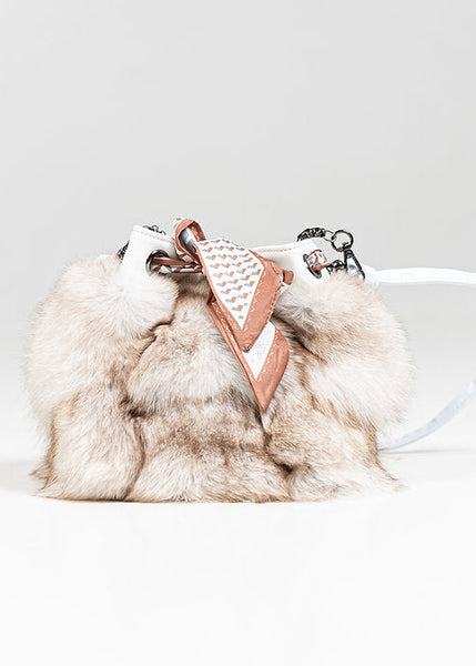 White Leather Bucket Bag With Natural Blue Fox and Bow Det [BGLY05-WHIT-BFOX-NTBF-OSZ]