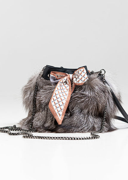 Black Leather Bucket Bag With Silver Fox and Bow Detail [BGLY05-BLCK-SFOX-SISF-OSZ]