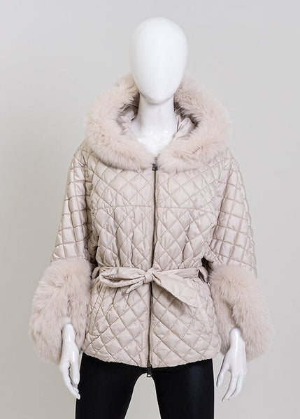 Pearl Diamond Quilted Nylon Jacket With Waist Tie Fox Fur Trim [JKMK78-PERL-WFOX-PRLF]
