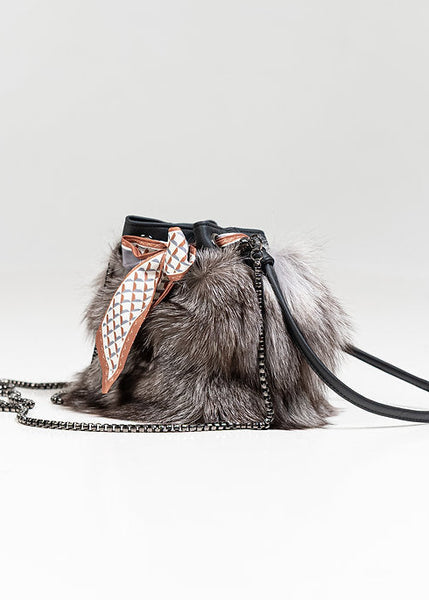 Black Leather Bucket Bag With Silver Fox and Bow Detail [BGLY05-BLCK-SFOX-SISF-OSZ]