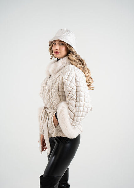 Pearl Diamond Quilted Nylon Jacket With Waist Tie Fox Fur Trim [JKMK78-PERL-WFOX-PRLF]