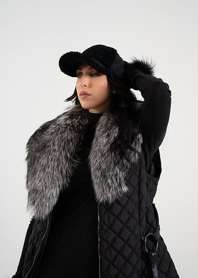 Black Nylon Quilted Baseball Cap With Lamb Trim [htmk25-blck-lamb-none-osz]