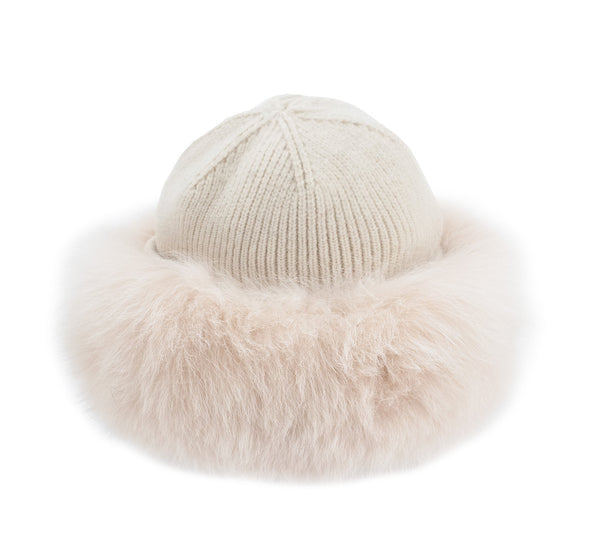 Knit Wool Hat With Fox Fur Trim [Ivory-HTHL04]