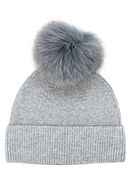 Sparkle Beanie With Cuff and Fox Pom [Light Gray-HTA106]
