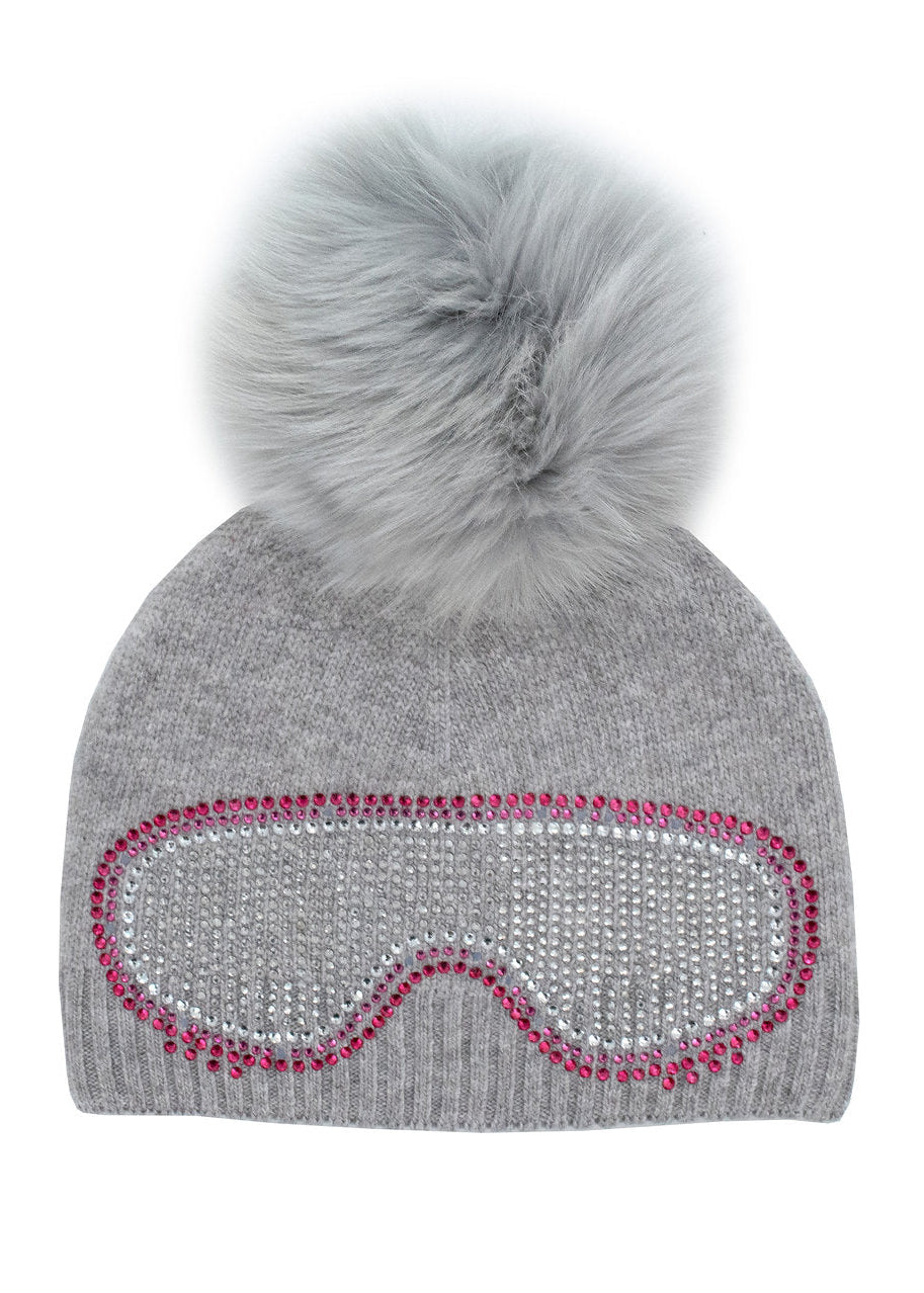 Beanie With Goggle and Fox Fur Pom Poms [Grey and Pink Crystal-HTAN95]