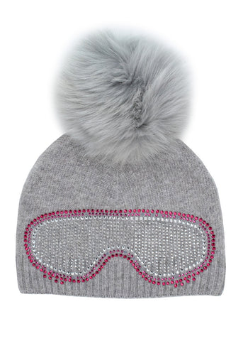 Beanie With Goggle and Fox Fur Pom Poms [Grey and Pink Crystal-HTAN95]