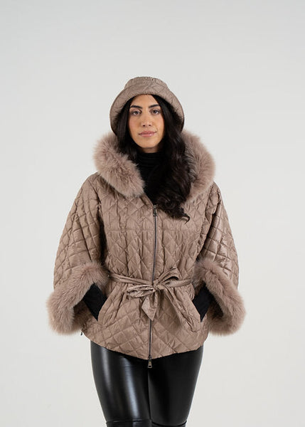 Taupe Diamond Quilted Jacket [With Waist Tie Fox Fur [JKMK78-TAPE-WFOX-TAUF-M_L]