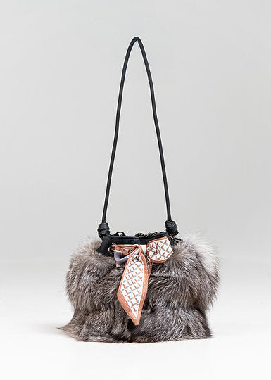 Black Leather Bucket Bag With Silver Fox and Bow Detail [BGLY05-BLCK-SFOX-SISF-OSZ]