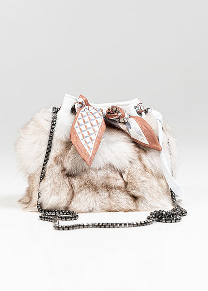 White Leather Bucket Bag With Natural Blue Fox and Bow Det [BGLY05-WHIT-BFOX-NTBF-OSZ]