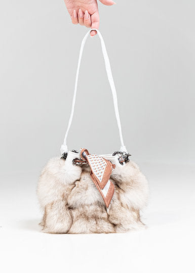 White Leather Bucket Bag With Natural Blue Fox and Bow Det [BGLY05-WHIT-BFOX-NTBF-OSZ]