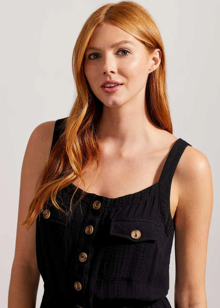 Button Front Jumpsuit Sash and Pockets [Black-7676O]