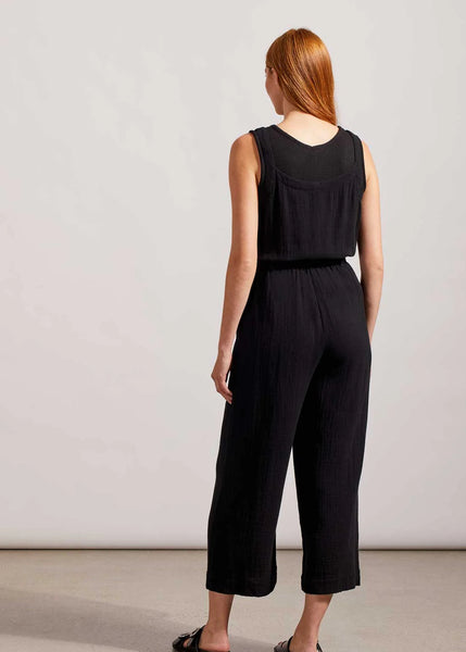 Button Front Jumpsuit Sash and Pockets [Black-7676O]