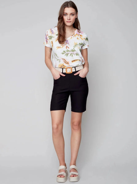 Belted Solid Stretch Pull On Shorts [Black-C8047]