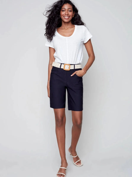 Belted Solid Stretch Pull On Shorts [Marine-C8047]