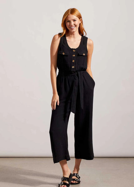 Button Front Jumpsuit Sash and Pockets [Black-7676O]